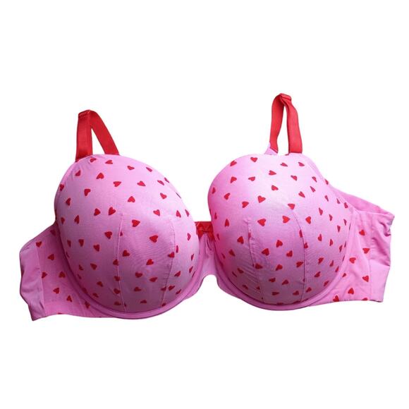 Torrid 48D Pink with Red Hearts Underwire Perfect T-shirt Lightly Lined Bra - Picture 2 of 8